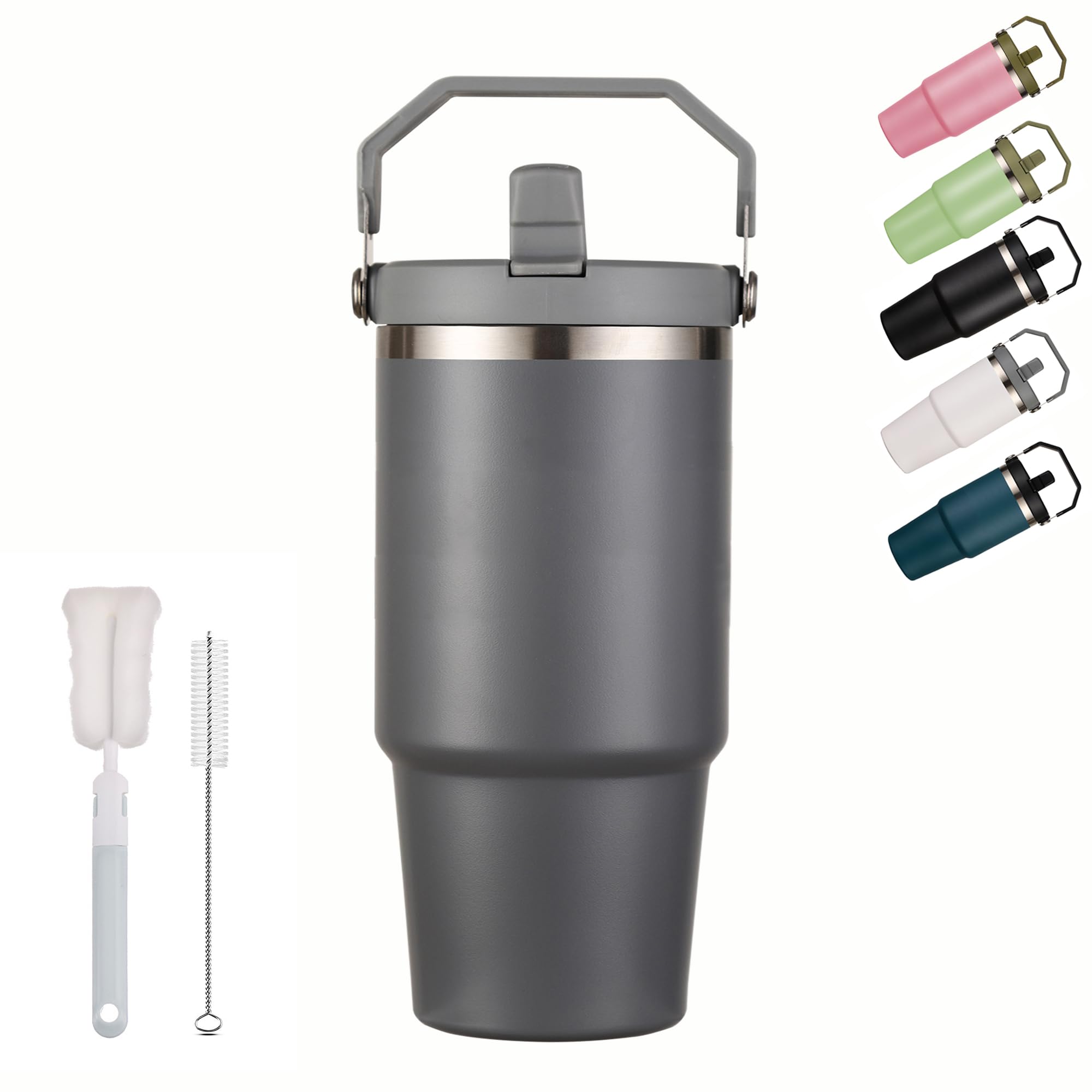 XIXIAMI Travel Mug with Handle 600ml-20oz Insulated Tumbler with Straw & Lid Leakproof Coffee Mug for Hot or Iced Drink |Stainless Steel Thermal Cup-Grey
