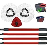 Mop Replace Heads Mop Handle and Base Replacement for O Cedar EasyWring 1-Tank Spin Mop System, 2 Microfiber Mops Refills, 4-Section Iron Mop Handle 30-58Inch and 1 Mopping Heads Cover Set (No Bucket)