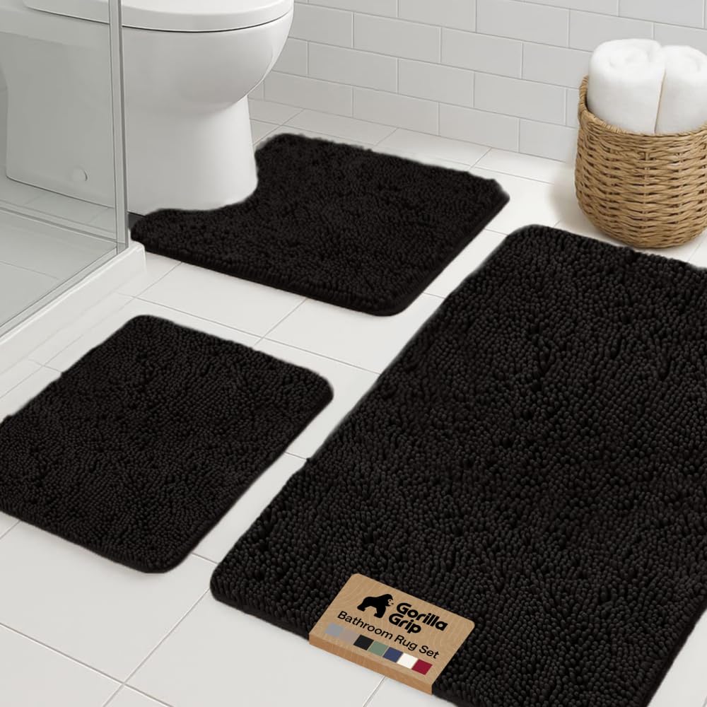GORILLA GRIP Bathroom Rug Sets 3 Piece, Bath Mat Set and Oval Toilet Base with Rubber Backing, Plush Absorbent Shaggy Chenille Washable Mats, Includes 24x19.5, 24x17 and 36x24 Inch Rugs, Onyx