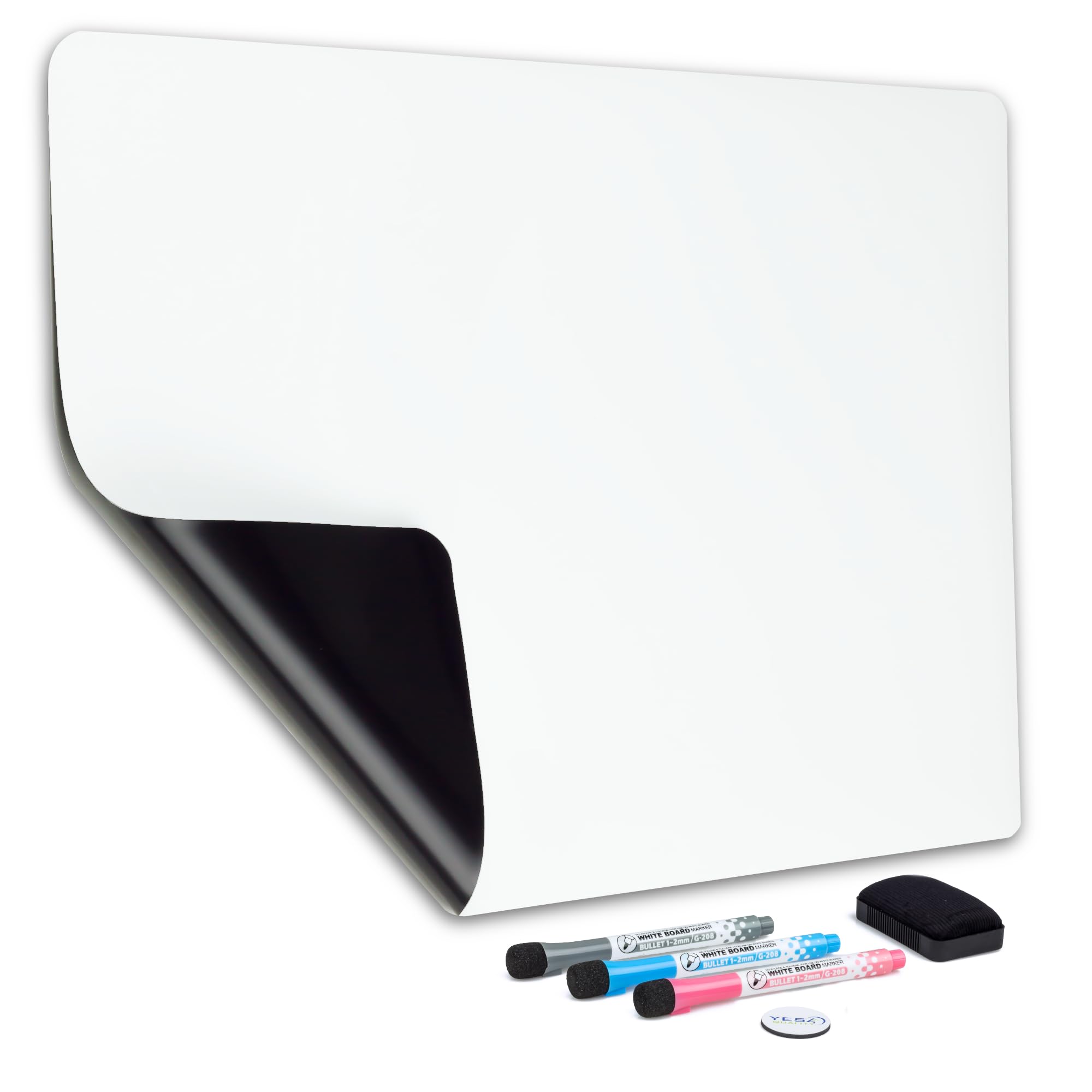 Magnetic Dry Erase Whiteboard Sheet for Fridge - 19x13 / 48x33cm - Stain-Resistant with 3 Fine Tip Markers & Big Eraser with Magnets - Refrigerator White Board Planner & Organiser - by Yes4Quality