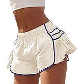 Fisoew Womens Workout Gym Shorts Running Pleated Contrast Stitch Elastic Waist Athletic Quick Dry Shorts