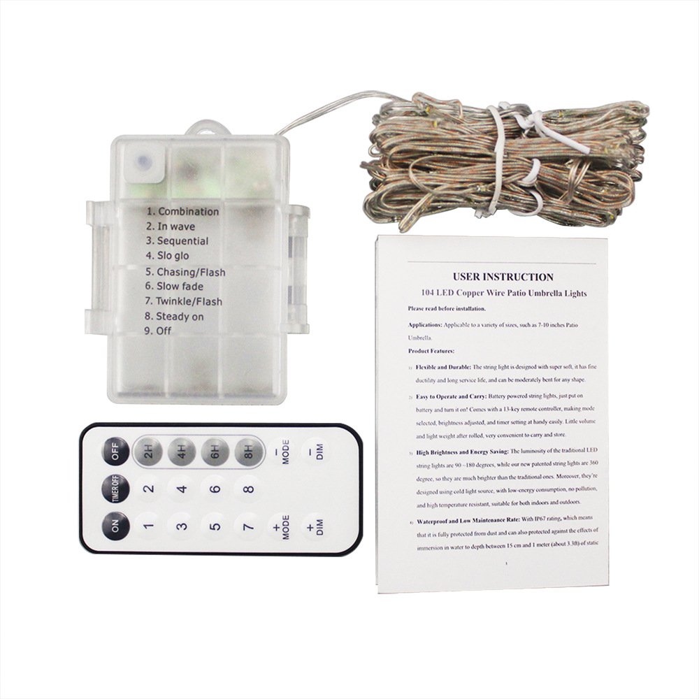 Remote Control And Timer Warm White Patio Umbrella Lights 8 Ribs 104 Led String Decor Lights Battery Operated For Restaurant Coffee Shop Outdoor Garden Backyard Holidays Party Patio Lawn Garden Umbrella Lights