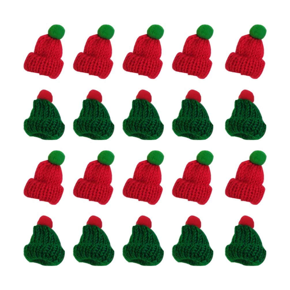 Amosfun Pack of 20 Mini Christmas Knitted Hat Knitted Doll Hat Mini Christmas Hat DIY Wine Bottle Caps Lollipop Hat Christmas Art Decoration (Red + Green)