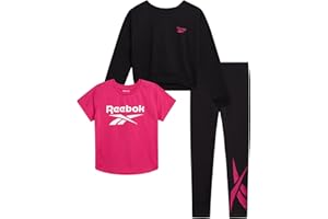 Reebok Active Girls Leggings Set - 3 Piece Athletic Crew Neck Short Sleeve TShirts Sweatshirt and Legging Pants for Girls