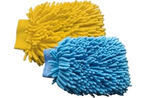JOYCOURT 2PCS Microfiber Soft Chenille Car Wash Mitts, Scratch and Lint Free Car Dusting Glove, Double Sided Wash Mitt, Ultra Absorbent for Car Washing, Home Cleaning Mitt (Blue&Yellow)