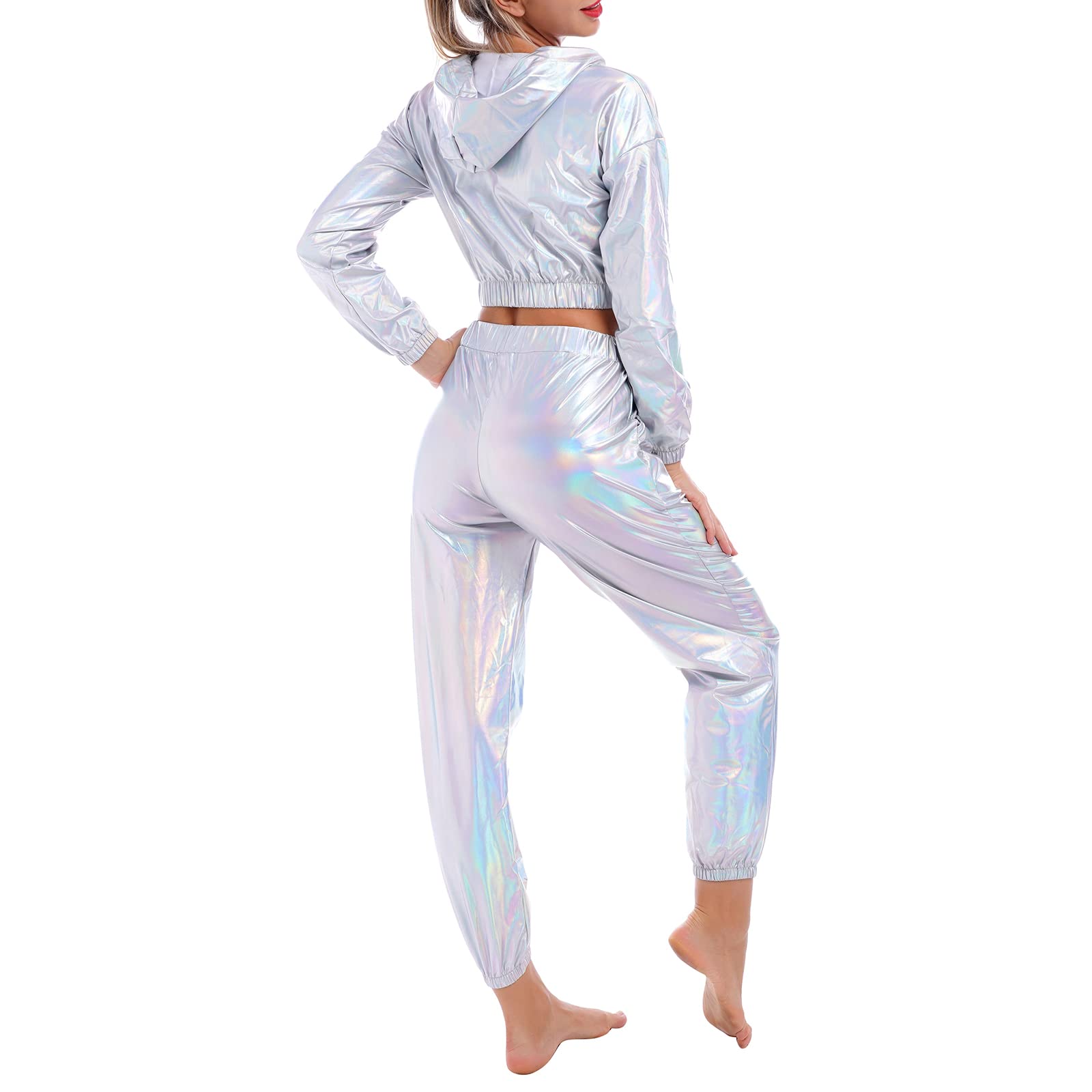 IMEKIS Women's Rave Outfit Shiny Crop Top Hoodie Metallic Casual Long Pants Hooded Workout Sweatshirt Disco Dance Clubwear