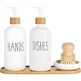 Hand and Dish Soap Dispenser Set With Tray and Bamboo Brush - 16oz Glass Kitchen Accessory (White)