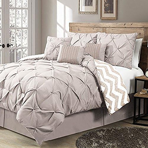 Germain Taupe House of Hampton Stylish Premium Quality Elegant , Queen Size 7 Piece Reversible Comforter Set, 1 Comforter, 2 shams, 3 decorative pillows, and 1 bed skirt