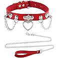 Tosmifairy Red Leather Choker Collar with Chain Leash Set Heart Pendant Necklace for Emo Y2K Gothic Grunge Accessories