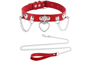 Tosmifairy Red Leather Choker Collar with Chain Leash Set Heart Pendant Necklace for Emo Y2K Gothic Grunge Accessories
