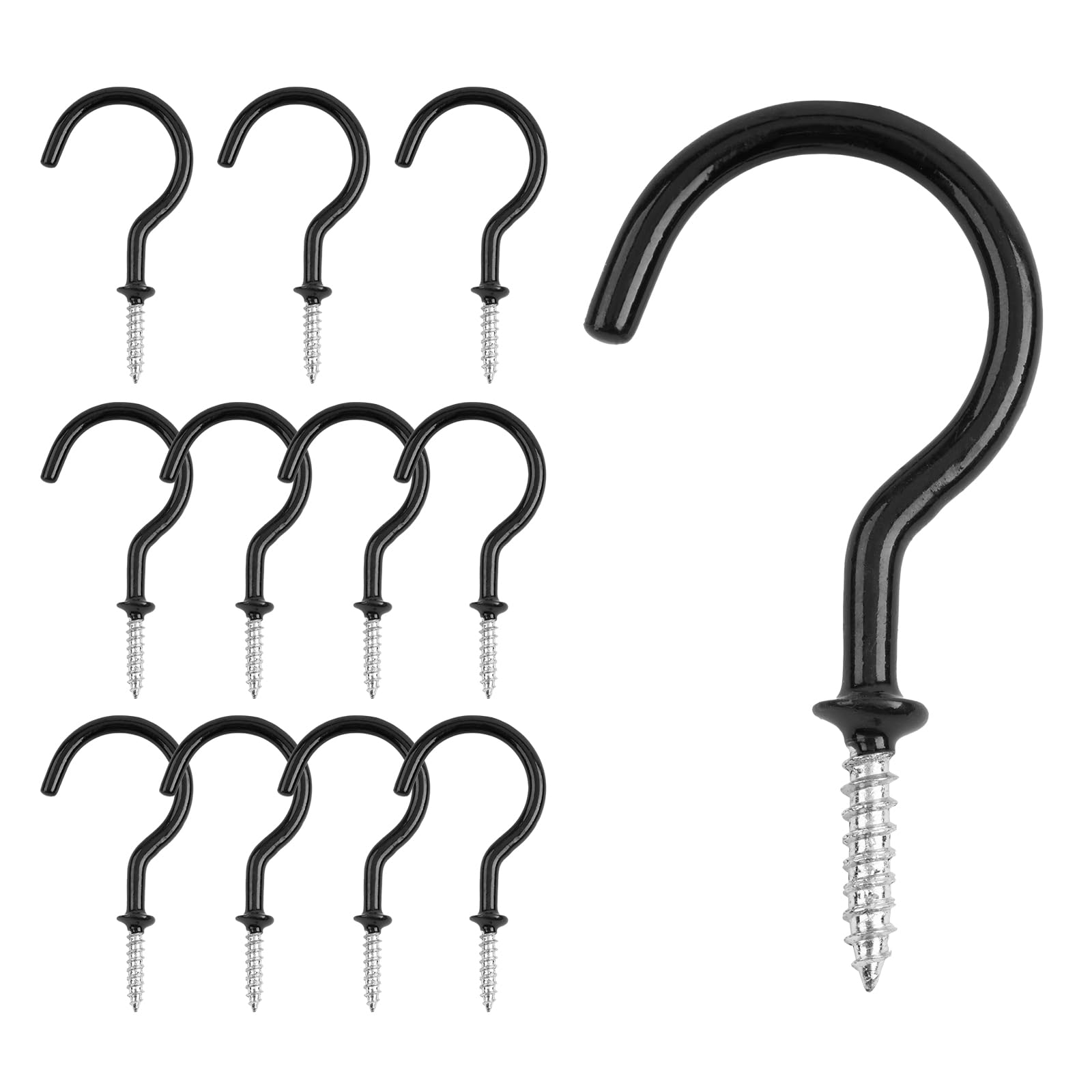 KINGLAKE 12 Pcs 2 Inch Black Mug Cup Hooks - Screw in Plastic Coated Ceiling Hooks for Wood, Under Cupboard, Cabinet Shelf, Hanging Plant and Kitchen Utensils