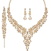 Lianjie Bridal Wedding Artificial Rhinestone Crystal Teardrop Statement Necklace Dangle Earrings Bracelet Jewelry Set for Women