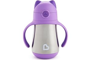 Munchkin Cool Cat Sippy Cup with Straw for Toddlers, Stainless Steel Straw Cup, 8 Ounce, Purple