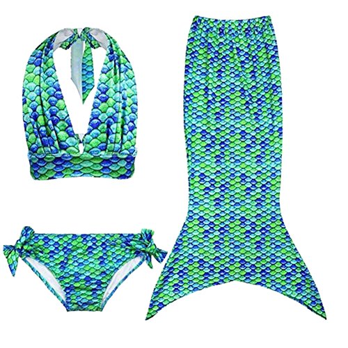 Karri CC Girl's 3pcs Mermaid Sea-Maid Halter-Neck Tankini Mermaid Swimwear Bikini Set