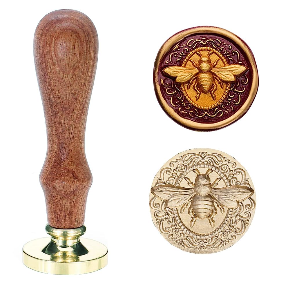 Poemluve Wax Seal Stamp 3D Embossed Bees Retro Sealing Wax Brass Head with Removable Wooden Handle for Wedding Invitation/Envelop/Gift Wrapping — image 1