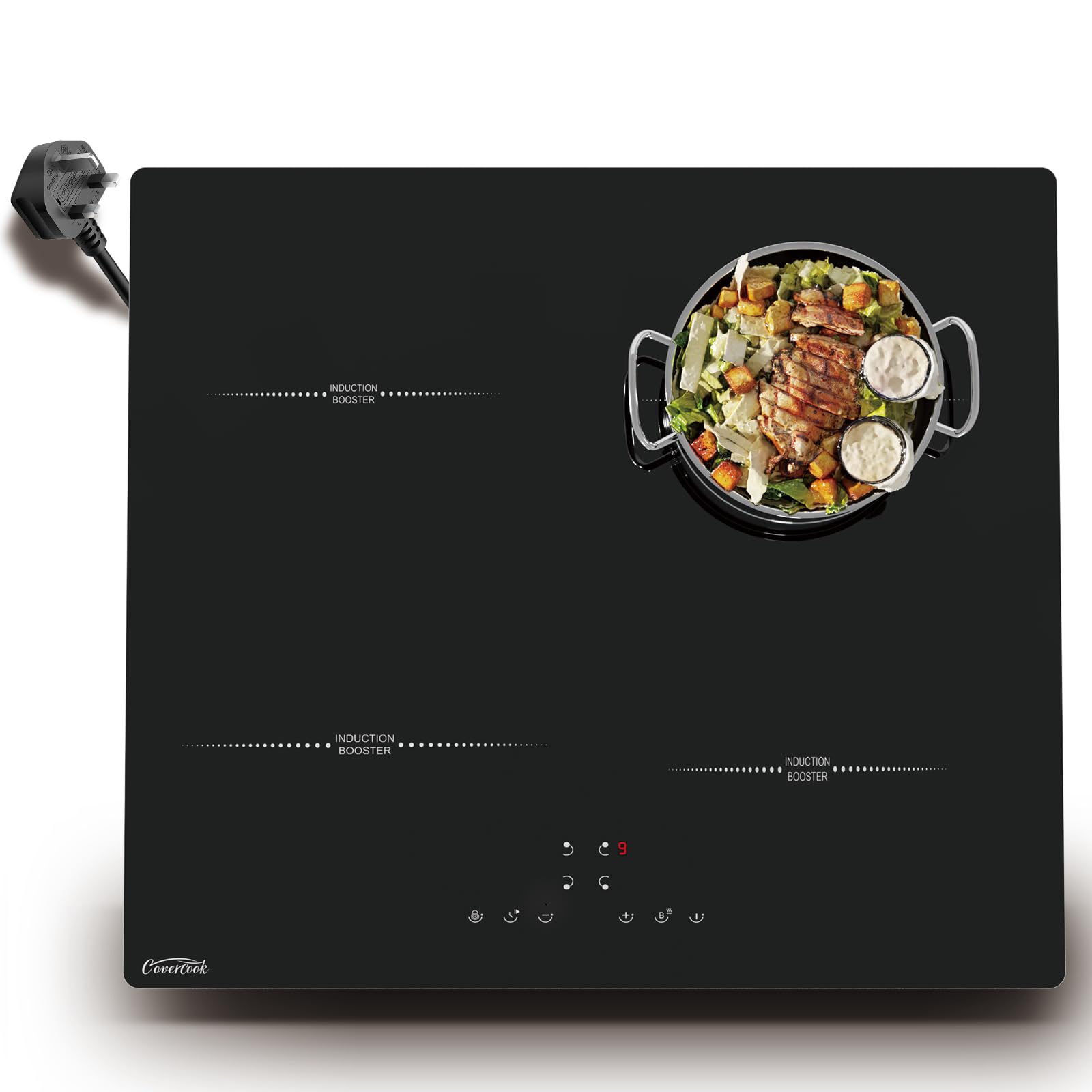 COVERCOOK Plug in Induction Hob 13 Amp 2800W, 4 Zones Plug in Electric Hob 60cm, Induction Hob Touch Control with Timer, Child Safety Lock, Keep Warm, Pause Function, Boost, Black