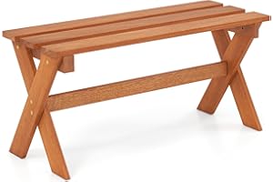 Tangkula Outdoor Wood Bench Backless, Patio Dining Bench with Teak Oil Finish & Slatted Seat, X-Shaped Frame, Farmhouse Woode