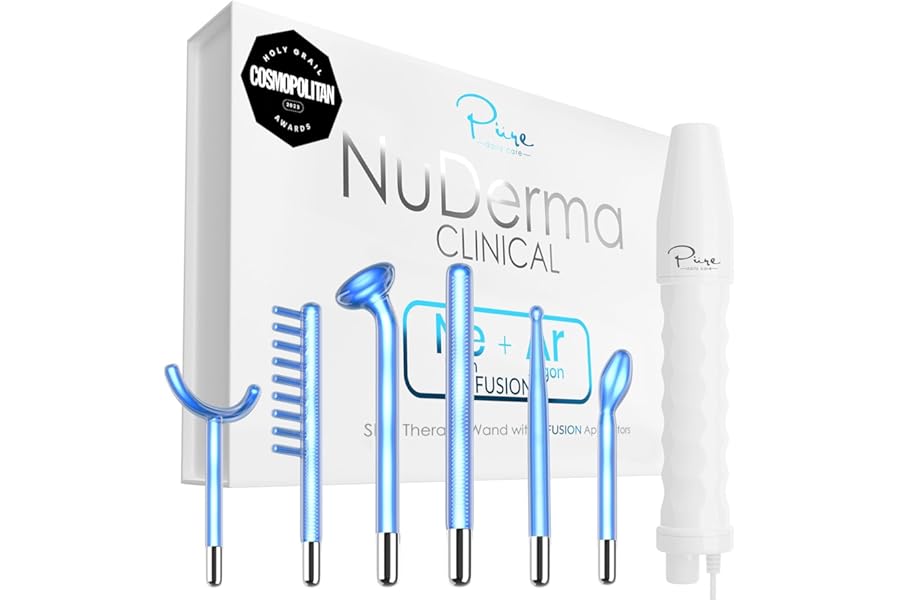 Pure Daily Care NuDerma Clinical Portable Skin Therapy Wand, Machine with 6 Fusion Neon + Argon Wands – Anti Aging – Clarifying – Skin Tightening & Radiance – Wrinkle Reducing