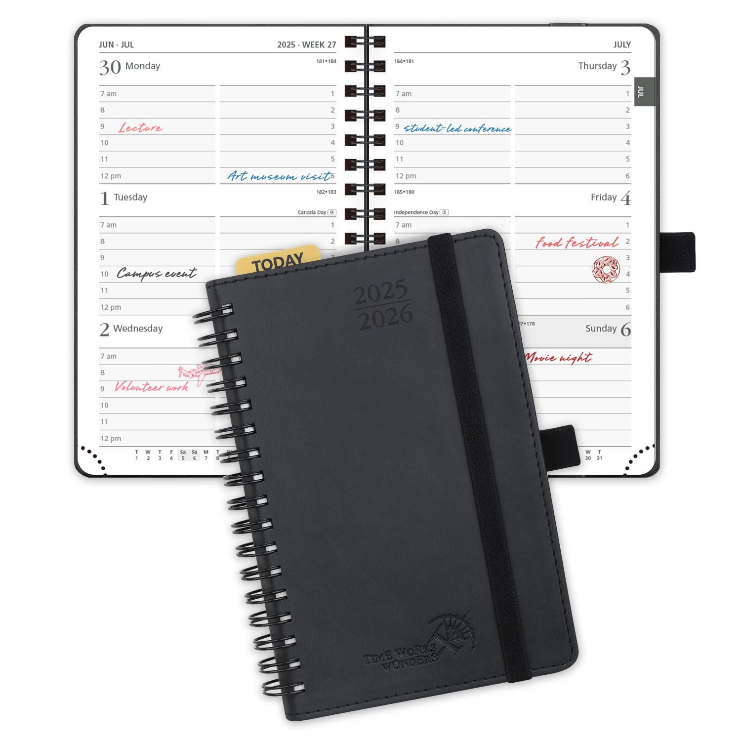 Photo 1 of POPRUN Pocket Planner 2025-2026 (Purse Size 4'' x 6.25'') Academic Small Calendar (July 2025 - June 2026) with Hourly Time Slots, 100GSM Thick Papers, Spiral Leather Cover - Black