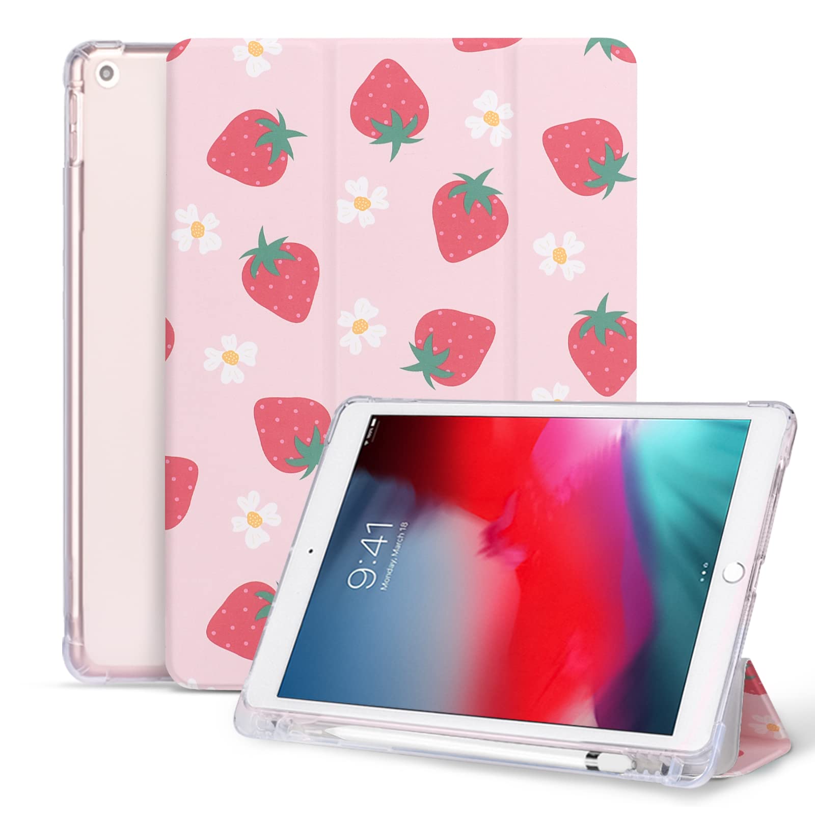 Vozehui 10.2 inch Case for iPad 9th/8th/7th Generation with Pencil Holder, Strawberry Print Tri-fold Stand Protective Cover with Auto Sleep Wake for iPad Case 10.2 inch 2021/2020/2019,Pink — image 1