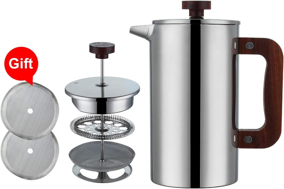 Meelio French Press Coffee Maker with Walnut Handle，1000ml / 34 oz Double Wall Coffee Cafetiere, 304 Grade Stainless Steel,Heat Resistant Tea or Cafetiere Kettle,Bonus 2 Mesh Filters
