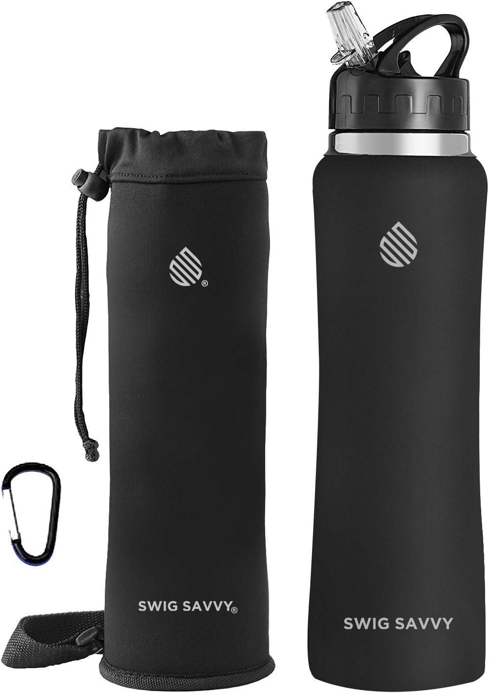 Swig Savvy Stainless Steel Insulated Water Bottle Wide Mouth Double Wall Design With Straw Flip Cap - Great For Kids - Sweat Proof - Including Water Bottles Pouch
