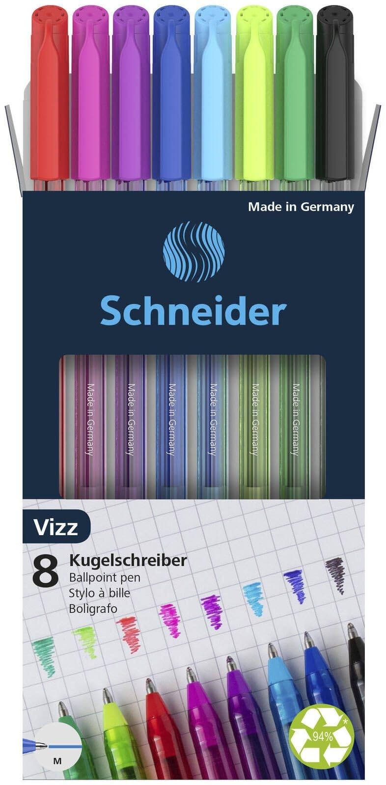 Schneider 102298 Vizz Ballpoint Pen (For Easy and Fast Writing, Ink Colour Barrel, Line Width, Medium), Pack of 8, Assorted
