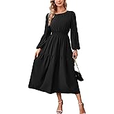 Kormei Women Casual Boho Floral Round Neck Puff Long Sleeve Smocked Waist Tiered A Line Flowy Swing Long Maxi Dress
