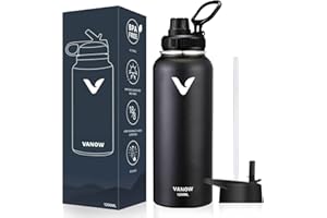 E T EASYTAO | Termo de Acero Inoxidable, Termo de Agua con 2 Tapas, Agua Fría (24 horas) o Caliente (12 horas), Doble Pared y Tapa Hermética Antigoteo, con Asa para Transportar (1180ml/40Oz, Negro)
