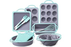 COOKSTYLE 10 in 1 Nonstick Silicone Bakeware Sets, Baking Pans Set, Baking Pan, Bundt Cake Pan, Bread Loaf Pan with Steel ring, Muffin Cups with Silicone Spatulas Pastry Brush Oven Mitts Whisk (Blue)