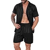 DEARCASE Men's Pajamas Set - Satin Silk Sleepwear, Short Sleeve Button Down 2 Piece Loungewear, Soft & Cooling Pjs for Men