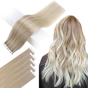 Amazon Com Easyouth Real Human Hair Tape In Extensions 14 Inches Ash Blonde Fading To Platinum Blonde 18t60 80g 40pcs Skin Weft Tape Extensions Real Hair Beauty