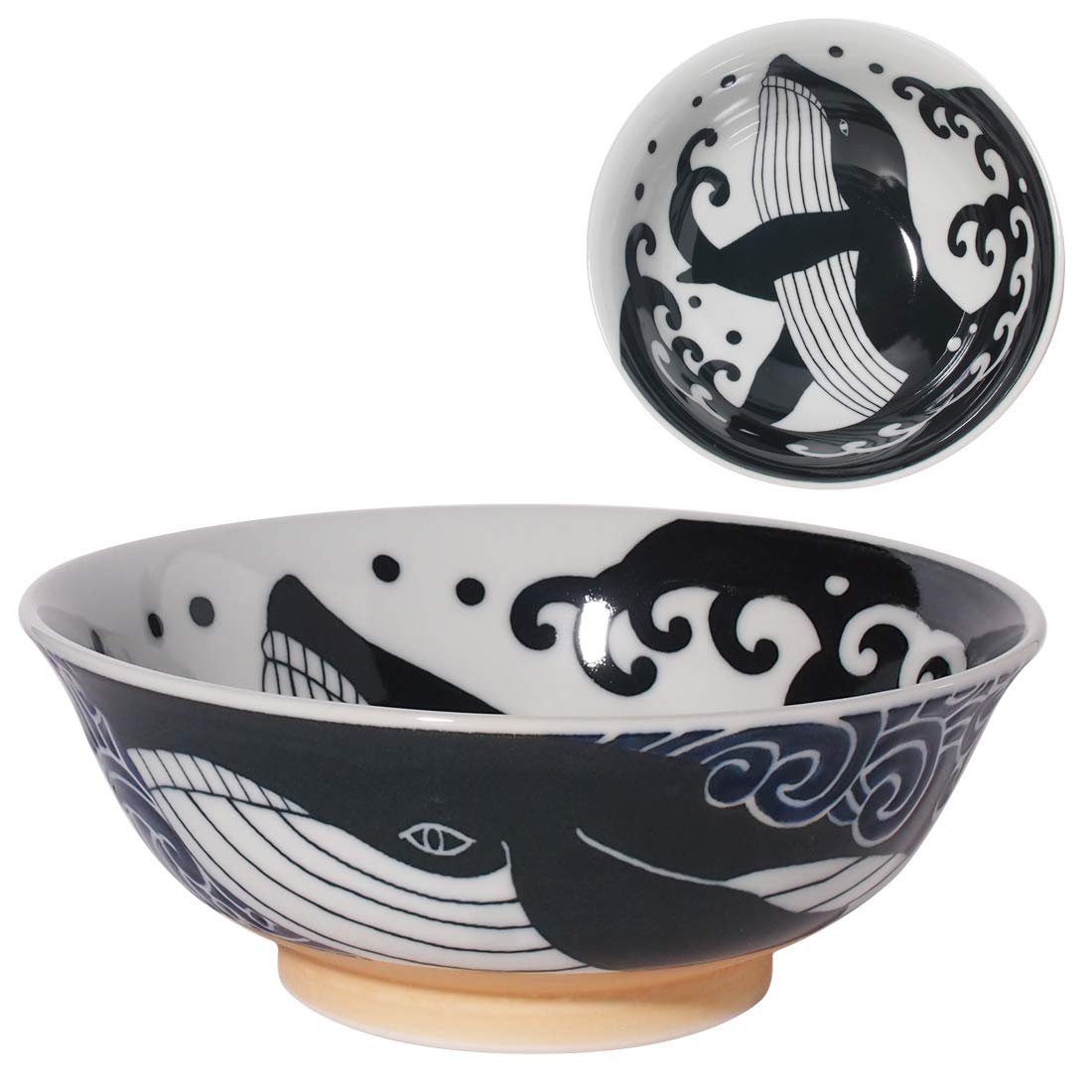 Japanese Ramen Bowl, Mino-Yaki Ceramic, Large Size 20.7cm 1.1L, Made in Japan, Whale Black and White 797678
