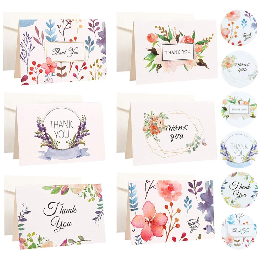 18 Pack Thank You Cards with Envelopes and Stickers 6 Colorful Flower Designs Elegant Bulk Thank You Notes Blank Inside Floral Greeting Cards for Weddings Birthday by RuiChy (4 x 2.75 inch)