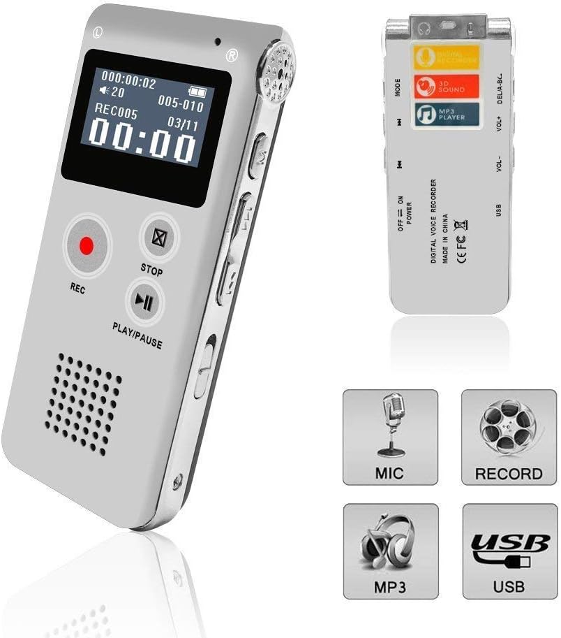 Voice Recorder, Digital Voice Recorder, MP3 Dictaphone with Playback, Rechargeable Tape Dictaphone Recorder for Lectures, Meetings, Interviews, Mini Audio Recorder, MP3 Player (Sliver)