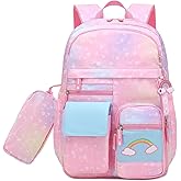 RLXGCZ School Backpack for Girls Rainbow Cute Kids Backpack for Back to School Laptop Travel Bag With pencil Case (Pink set)