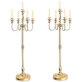 Gold Candelabra for Wedding Event Decor, 50'' Tall Floor Candle Holders, 2 Pcs Metal 5 Arm Centerpiece Decorations for 5 Candlesticks Party Wedding Aisle Home Decor