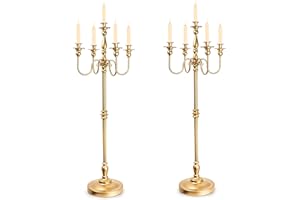 LANLONG Gold Candelabra for Wedding Event Decor, 50'' Tall Floor Candle Holders, 2 Pcs Metal 5 Arm Centerpiece Decorations for 5 Candlesticks Party Wedding Aisle Home Decor