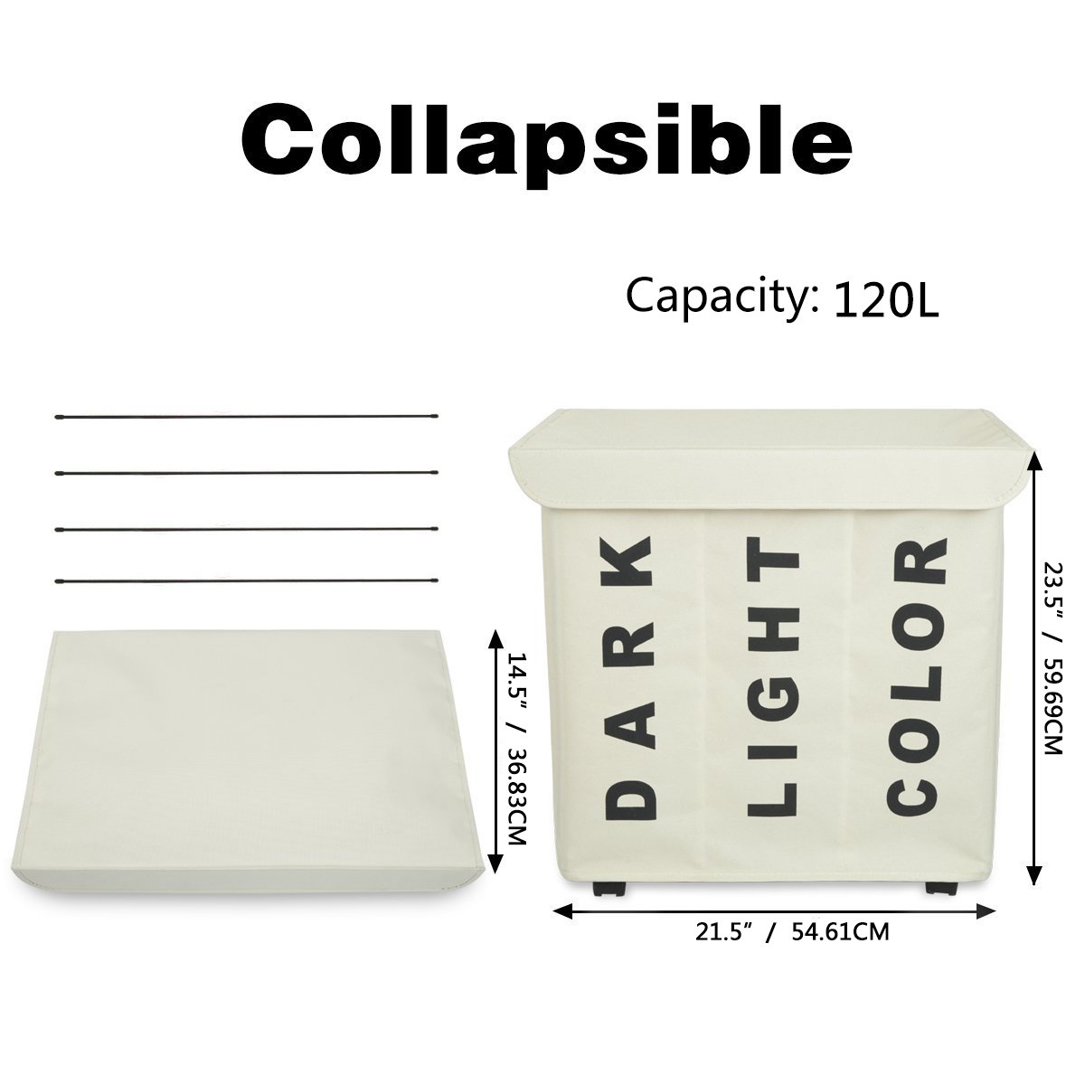 WOWLIVE 3 Section Laundry Hamper on Wheels Rolling Tall Collapsible Corner Laundry Basket Sorter with Lid Waterproof Rectangular Dirty Clothes Organizer Storage Bin (Cream)