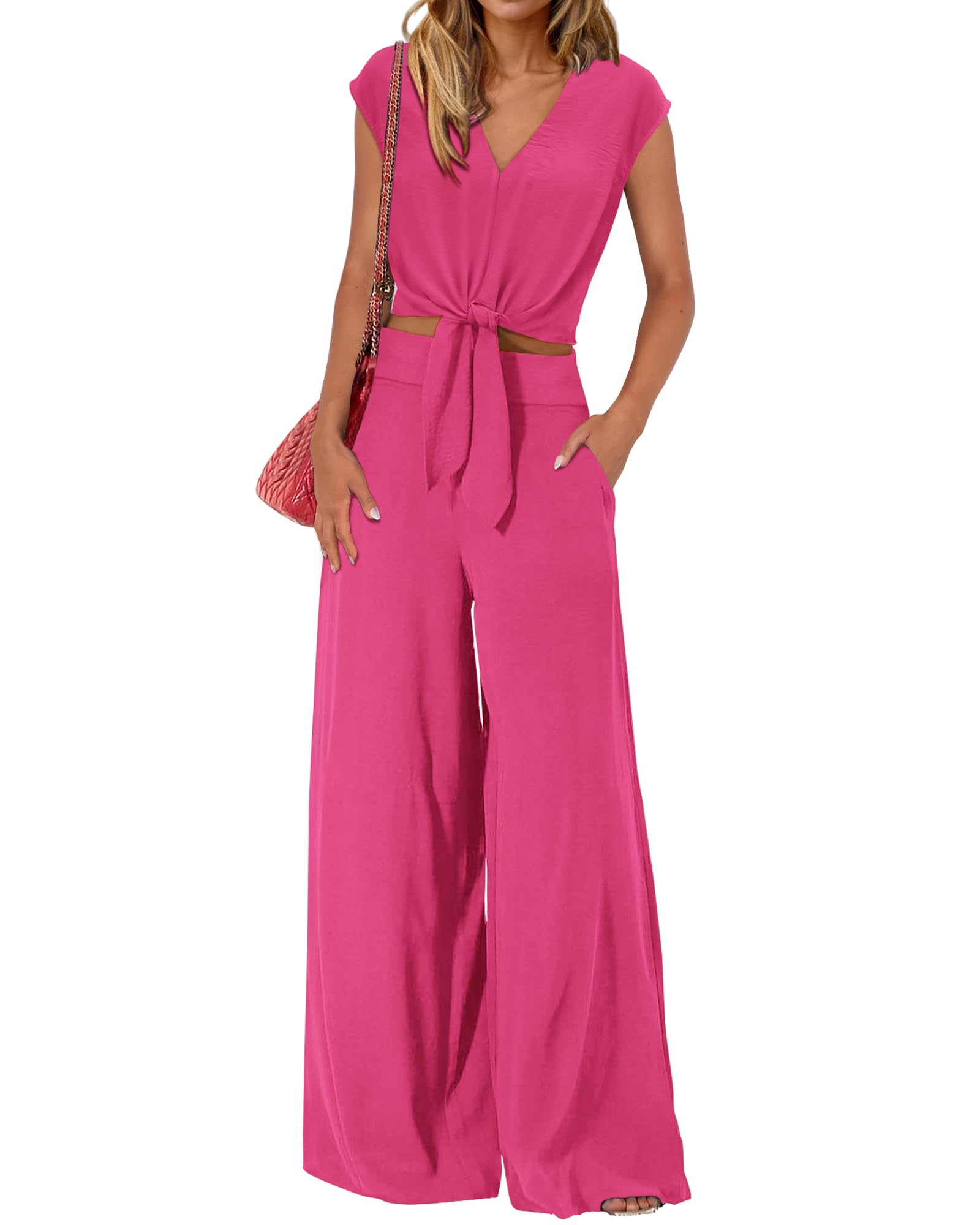 Photo 1 of ***DAMAGED - SEE NOTES/PICTURES***S
PRETTYGARDEN Women's Summer 2 Piece Outfits 2025 Cap Sleeve V Neck Belted Crop Tops Wide Leg Pant Sets Casual Tracksuit(Solid Rose Red,Small)