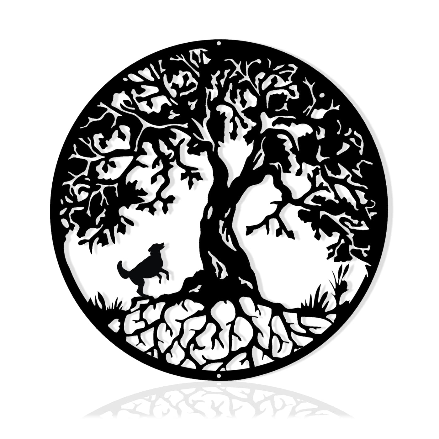 Pduoduo 30cm Black Metal Tree of Life Wall Decor Silhouette Art(with dog) for Gift Present Indoor Outdoor Garden Home Decoration (11.8inch)
