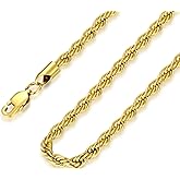 FOSIR 18K Gold Plated Rope Chain Stainless Steel Necklace for Men and Women, Wide 2.5mm 3mm 4mm 5mm
