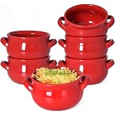 Vumdua Soup Bowls with Handles, 16 Oz Ceramic French Onion Soup Bowls - Stackable Soup Crocks Oven Safe for Cereal, Chilli, Pot Pies, Dishwasher Microwave Safe, Set of 6, Red