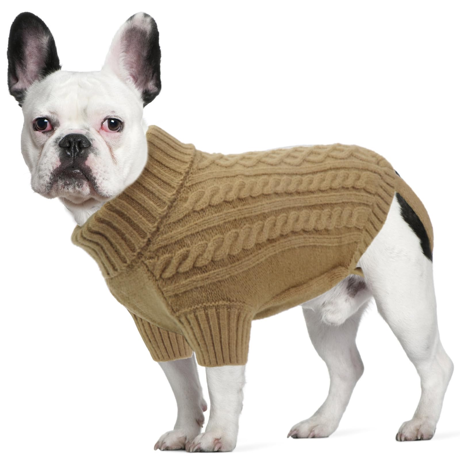 LiebeDD Large Dog Jumper, Turtleneck Knitted Dog Sweater with Leash Hole Winter Warm Jumper for Large Dogs Cold Weather Knitwear for Labrador Pug, Khaki