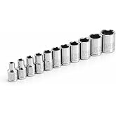 Powerbuilt 11 Piece 1/4-Inch Drive SAE Socket Set, Sizes 5/32 Inch to 9/16 Inch, 6-Point, Chrome Vanadium Steel, Z-Drive Design, Chamfered Openings, Forged Size Markings - 640497