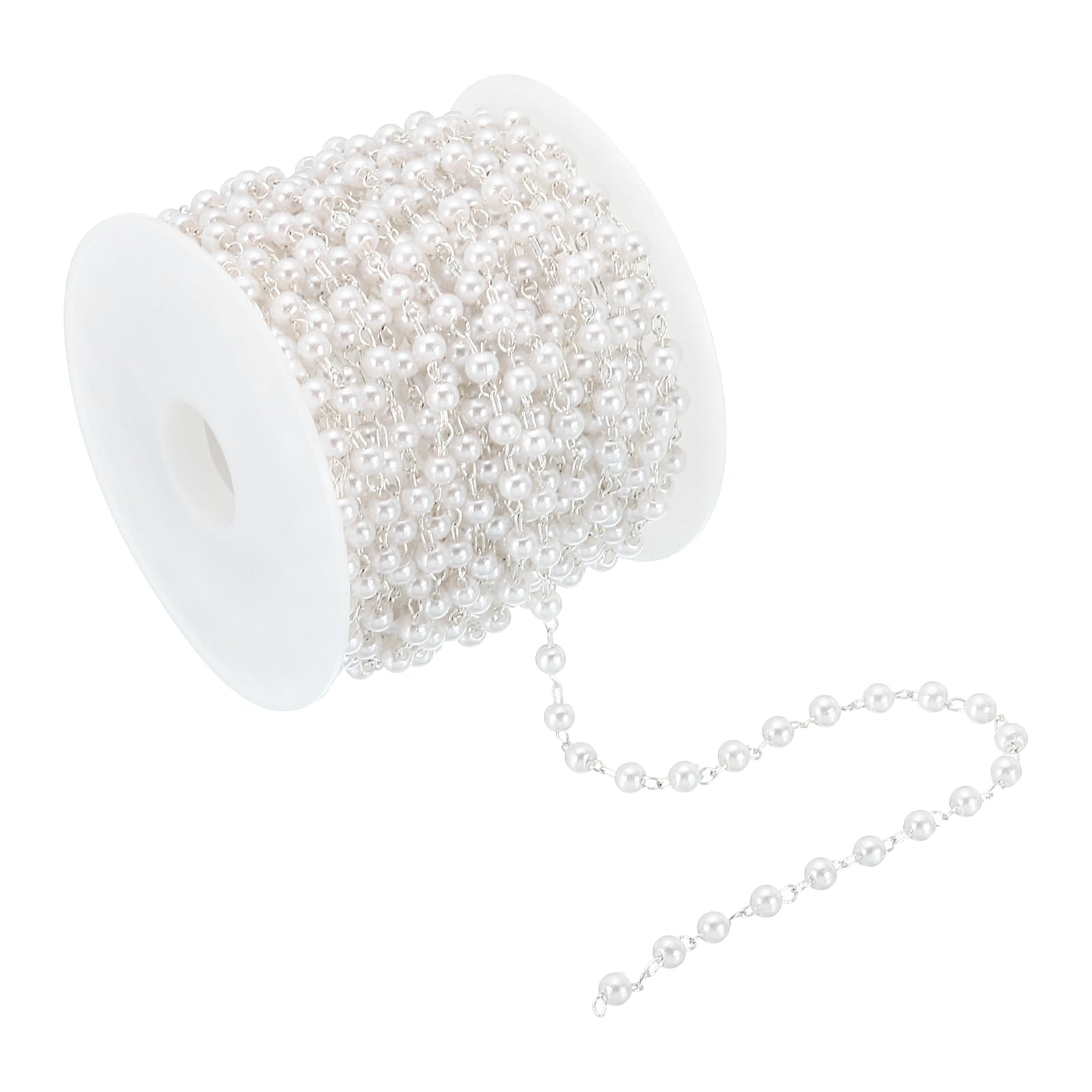 PATIKIL 5m/16 Feet Faux Pearl Beading Chain with Spool, 3mm Brass Chain Link for Decoration Making DIY Accessories Style 1, Light Silver