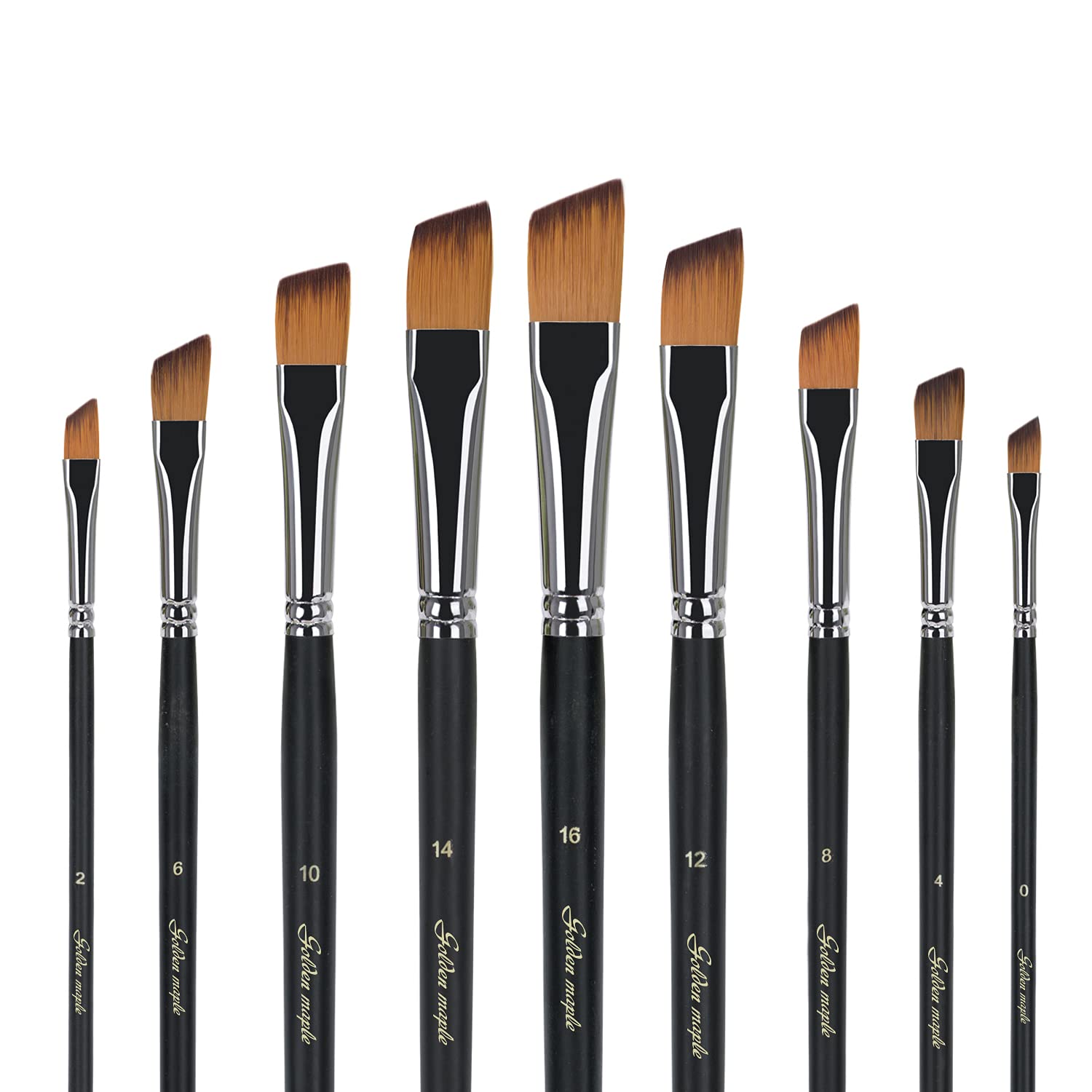 Golden Maple Angular Paint Brush, 9PC Oblique Tip Nylon Hair Long Handle Angled Paint Brushes Set Art Artist Professional Painting Supplies for Acrylic, Watercolor, Gouache and Oil Painting