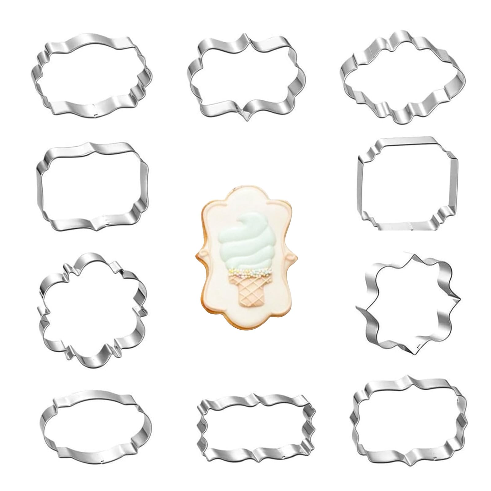 Photo 1 of 10PCS Stainless Steel Plaque Frame Cookie Cutters - Variety Shapes Fondant Cutters for Baking,Wedding,Birthday,Christmas,Metal Biscuit Molds for DIY Decorations