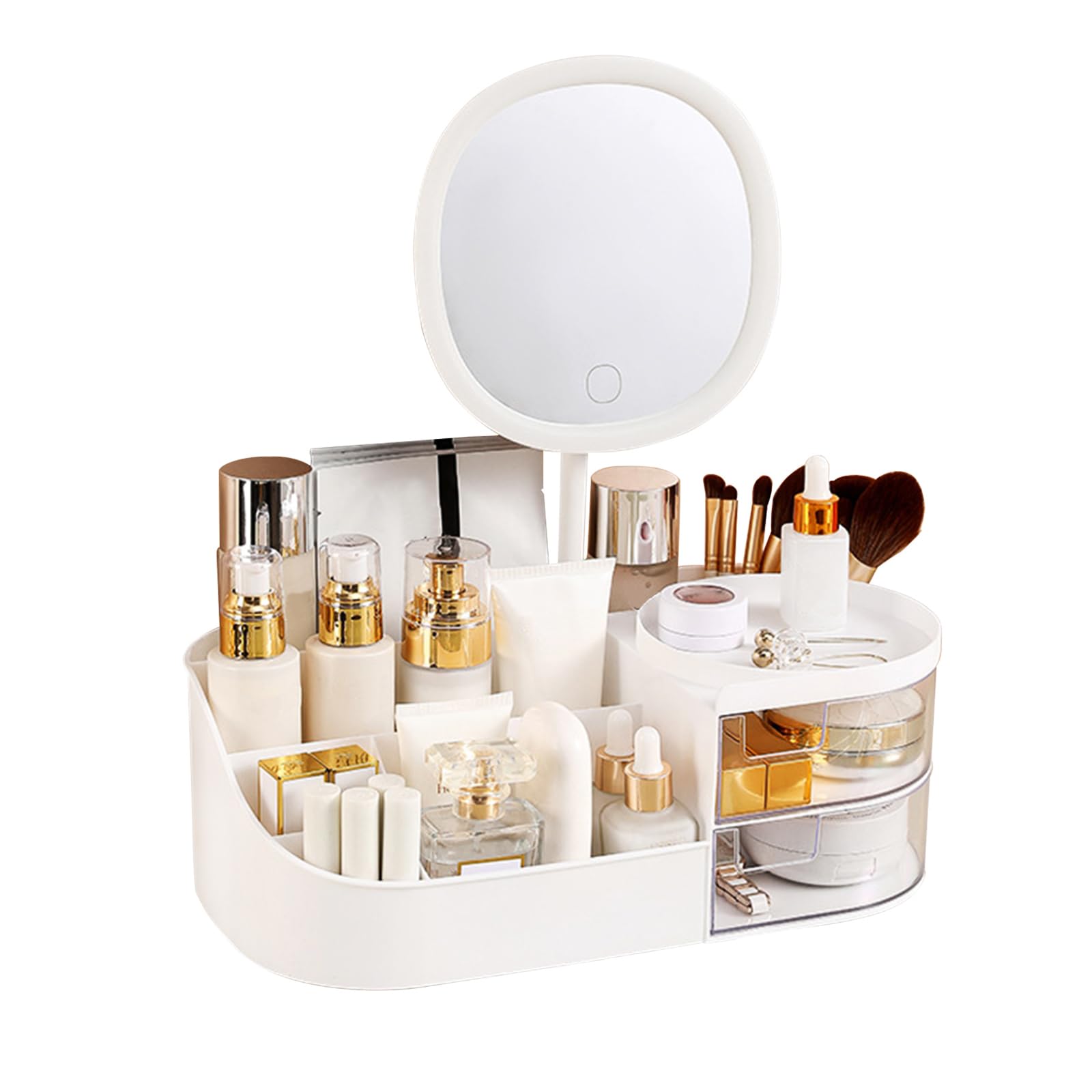 Photo 1 of DASITON Makeup Organizer with Rechargeable Mirror,Makeup Brush Holder with 2 Drawers,Skincare and Cosmetics Organizer Countertop,Large Capacity Cosmetic Display Case for Vanity,Bedroom,Bathroom(White)