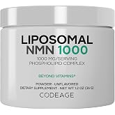 Codeage Liposomal NMN Powder 1000mg, NAD+ Precursor, Unflavored, 1.2 oz | NMN 1000mg nicotinamide mononucleotide, NAD+ precursor, liposomal delivery. Unflavored powder. Non-GMO.